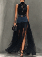 Black Denim Patchwork T-Shirt and Mesh Maxi Skirt Set with Side Slit