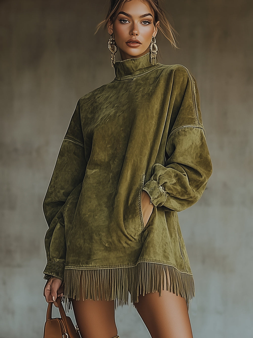 Olive Faux Suede Roll Neck Dress with Fringe Hem