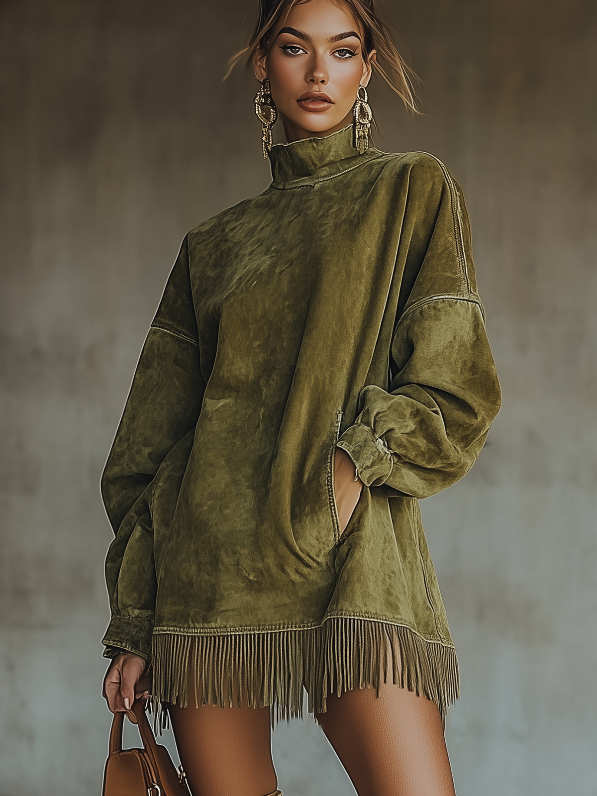Olive Faux Suede Roll Neck Dress with Fringe Hem