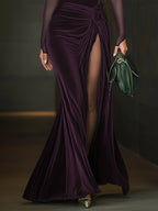 Emerald Green Velvet Mesh Sleeve High Slit Maxi Dress