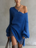 Blue Off‑Shoulder Mohair Jumper Dress with Lace Hem