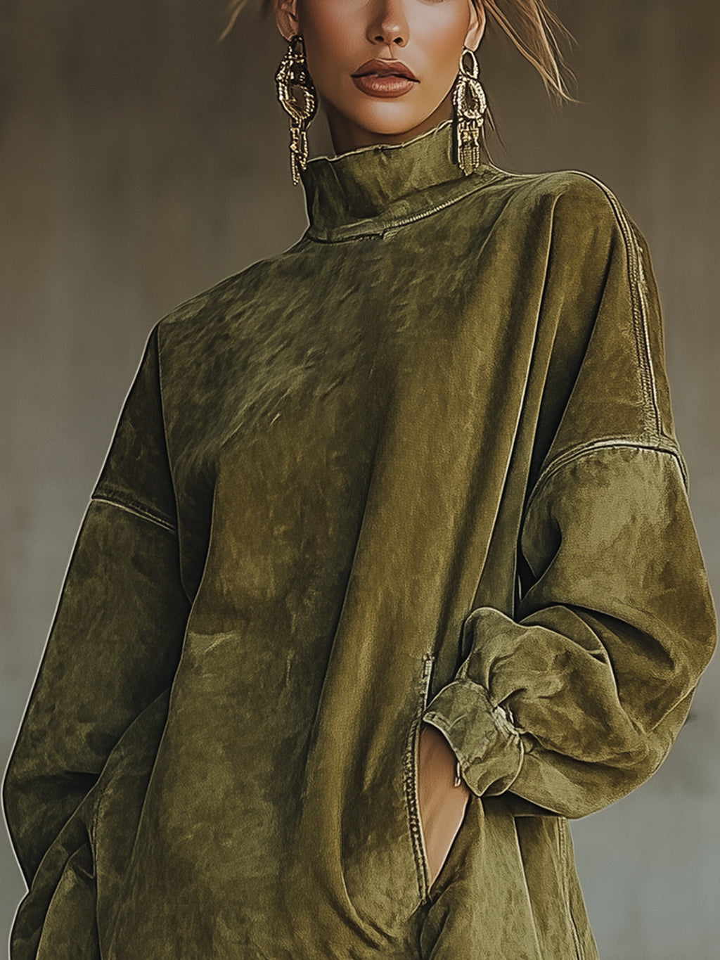 Olive Faux Suede Roll Neck Dress with Fringe Hem