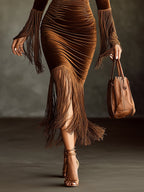 Brown Velvet Roll Neck Cutout Fringe Long Sleeve Bodycon Dress