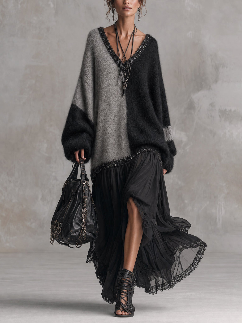 Black and Grey Chiffon Patchwork Oversized Knit Maxi Dress