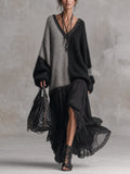 Black and Grey Chiffon Patchwork Oversized Knit Maxi Dress