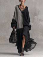 Black and Grey Chiffon Patchwork Oversized Knit Maxi Dress