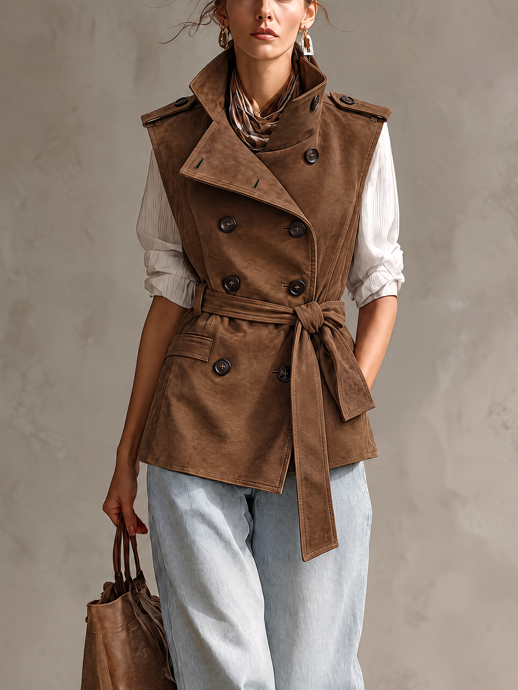 Cognac Suede Sleeveless Trench Gilet with Funnel Collar and Belted Waist