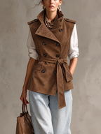Cognac Suede Sleeveless Trench Gilet with Funnel Collar and Belted Waist