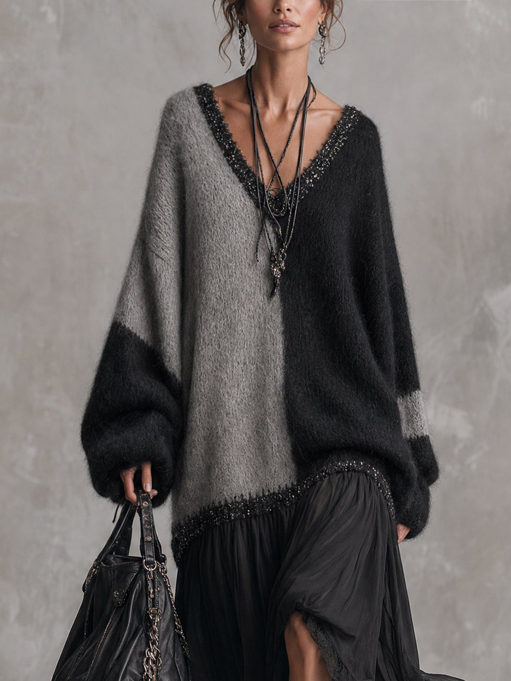 Black and Grey Chiffon Patchwork Oversized Knit Maxi Dress