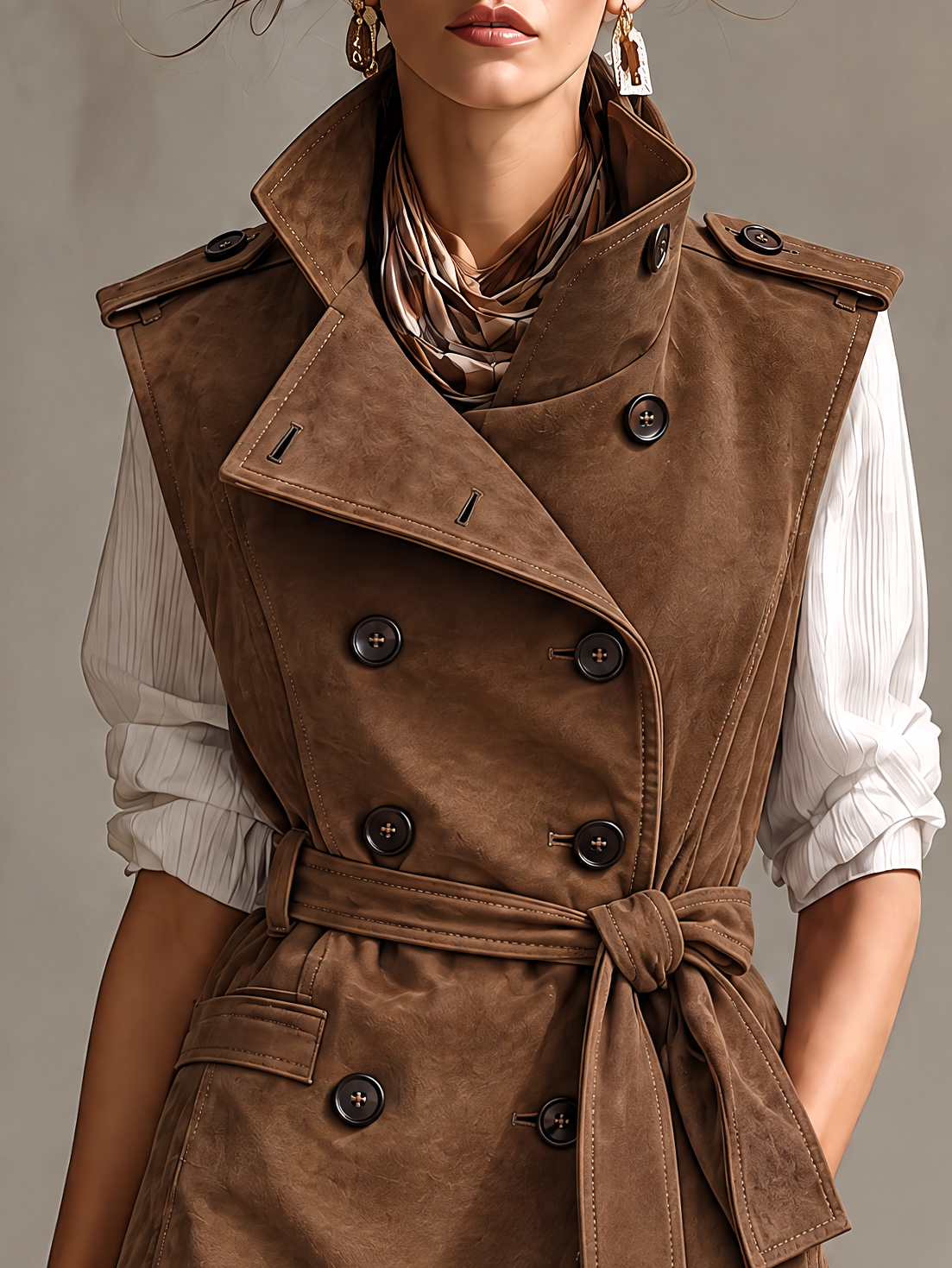 Cognac Suede Sleeveless Trench Gilet with Funnel Collar and Belted Waist