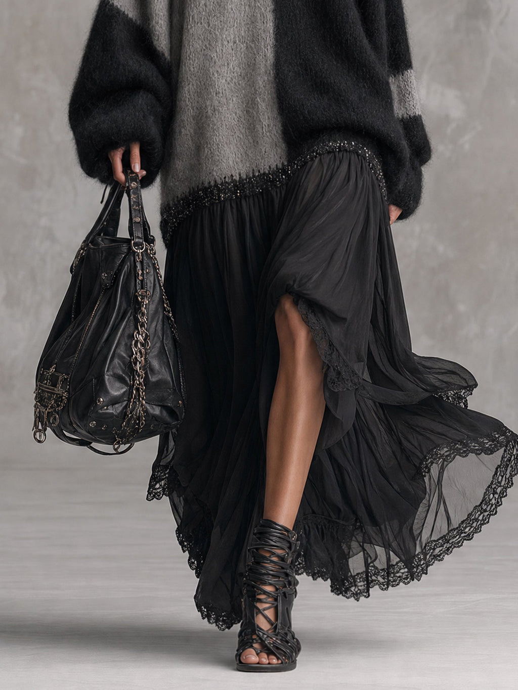 Black and Grey Chiffon Patchwork Oversized Knit Maxi Dress