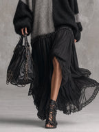 Black and Grey Chiffon Patchwork Oversized Knit Maxi Dress