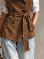 Cognac Suede Sleeveless Trench Gilet with Funnel Collar and Belted Waist