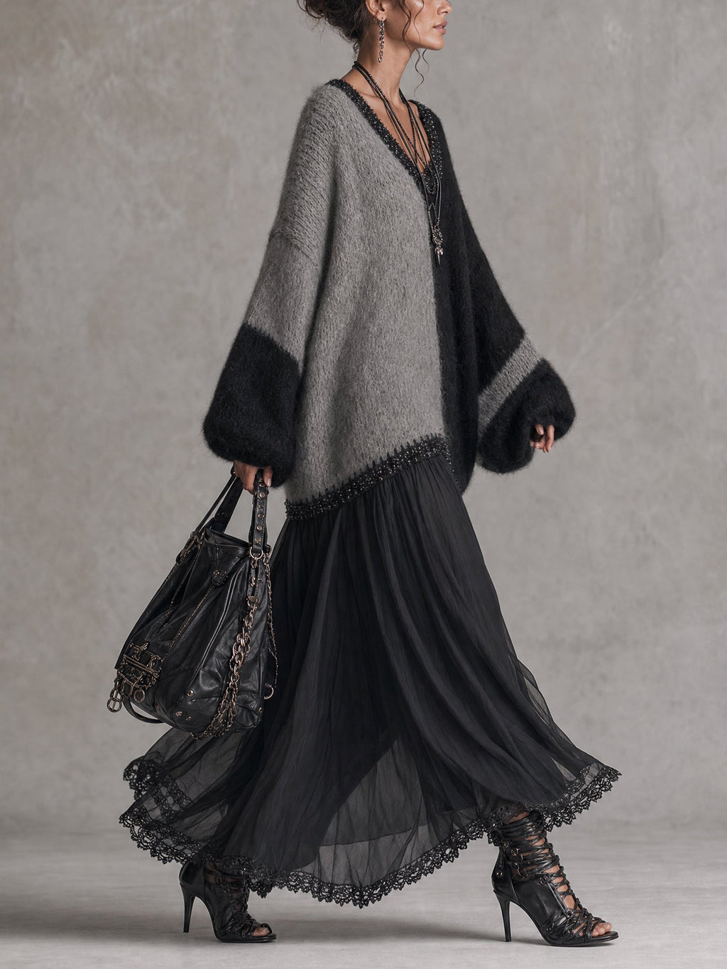 Black and Grey Chiffon Patchwork Oversized Knit Maxi Dress