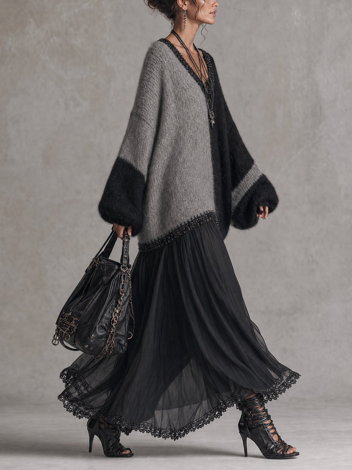 Black and Grey Chiffon Patchwork Oversized Knit Maxi Dress