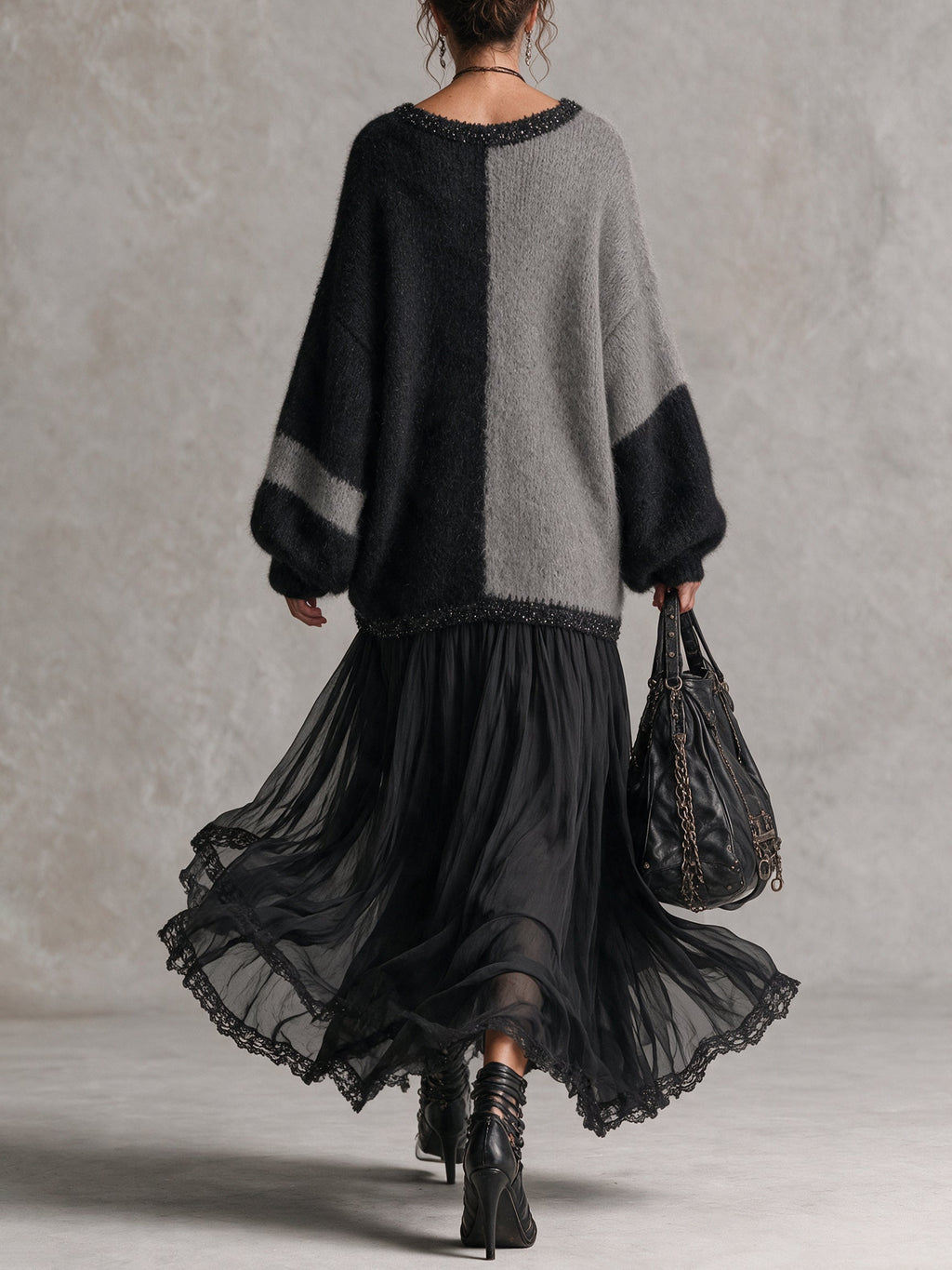Black and Grey Chiffon Patchwork Oversized Knit Maxi Dress