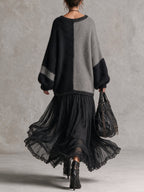 Black and Grey Chiffon Patchwork Oversized Knit Maxi Dress
