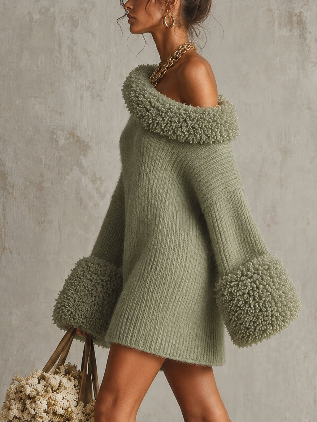 Sage Green Off Shoulder Knit Mini Dress