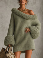 Sage Green Off Shoulder Knit Mini Dress