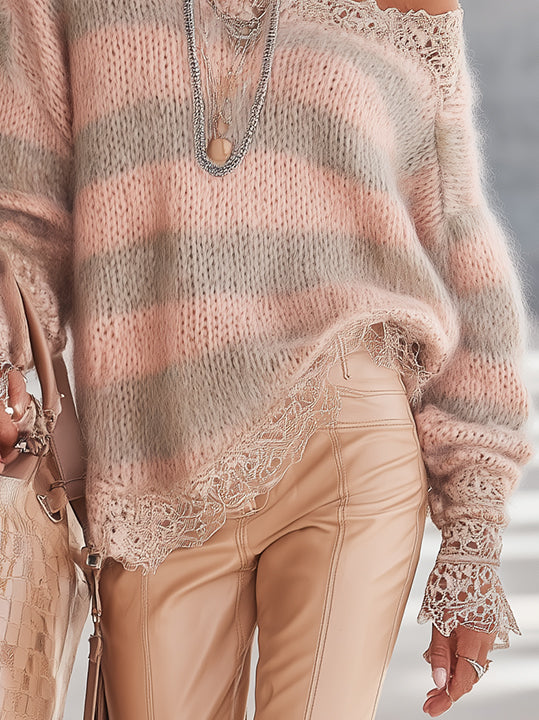 Pink and Taupe Striped Mohair Jumper with Lace Trim