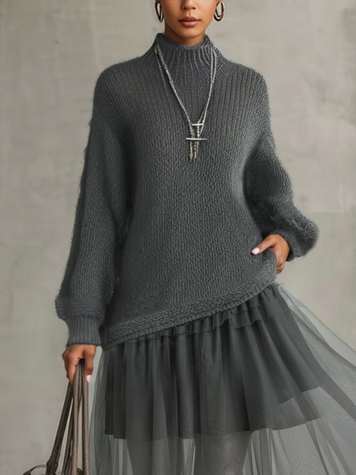 Grey Mohair and Tulle Panel Maxi Dress