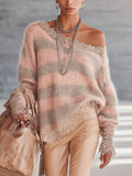 Pink and Taupe Striped Mohair Jumper with Lace Trim