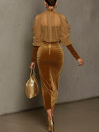 Light Brown Velvet Bodycon Maxi Dress with Chiffon Blouse Set