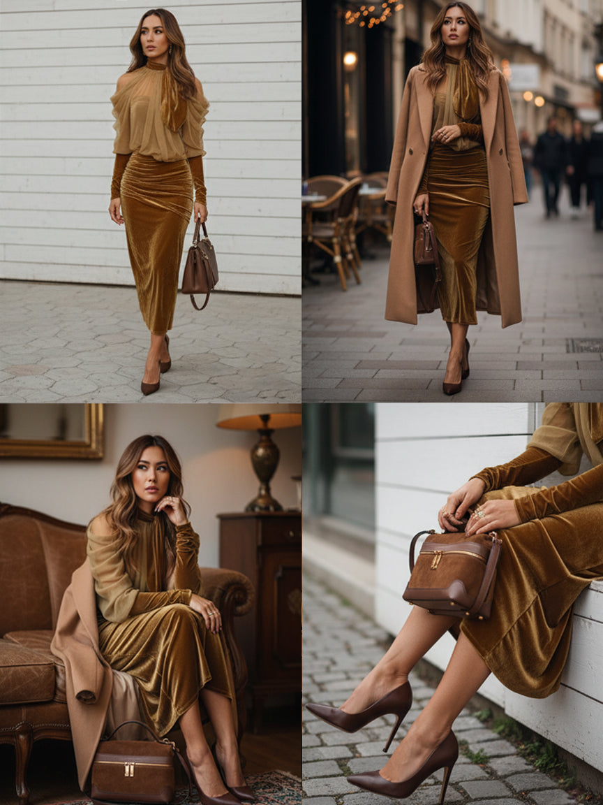 Light Brown Velvet Bodycon Maxi Dress with Chiffon Blouse Set