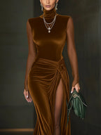 Emerald Green Velvet Mesh Sleeve High Slit Maxi Dress