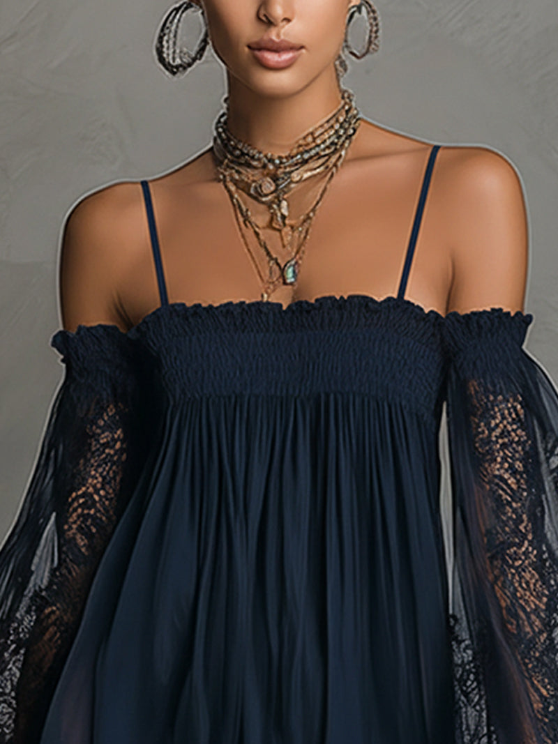 Navy Off-Shoulder Lace Trim Chiffon Mini Dress with Sheer Sleeves