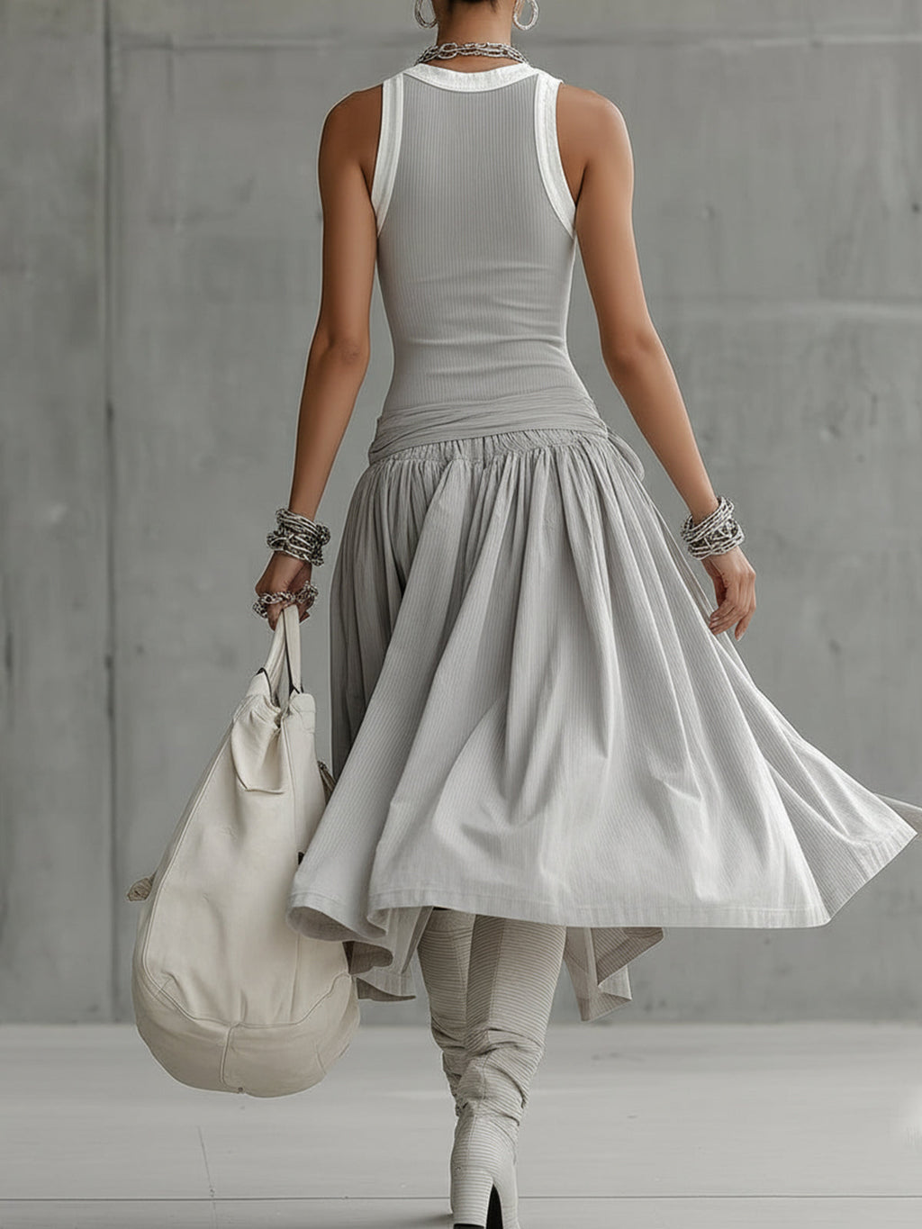 Grey Ribbed Tank Bodice Draped Midi Dress