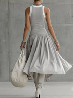 Grey Ribbed Tank Bodice Draped Midi Dress