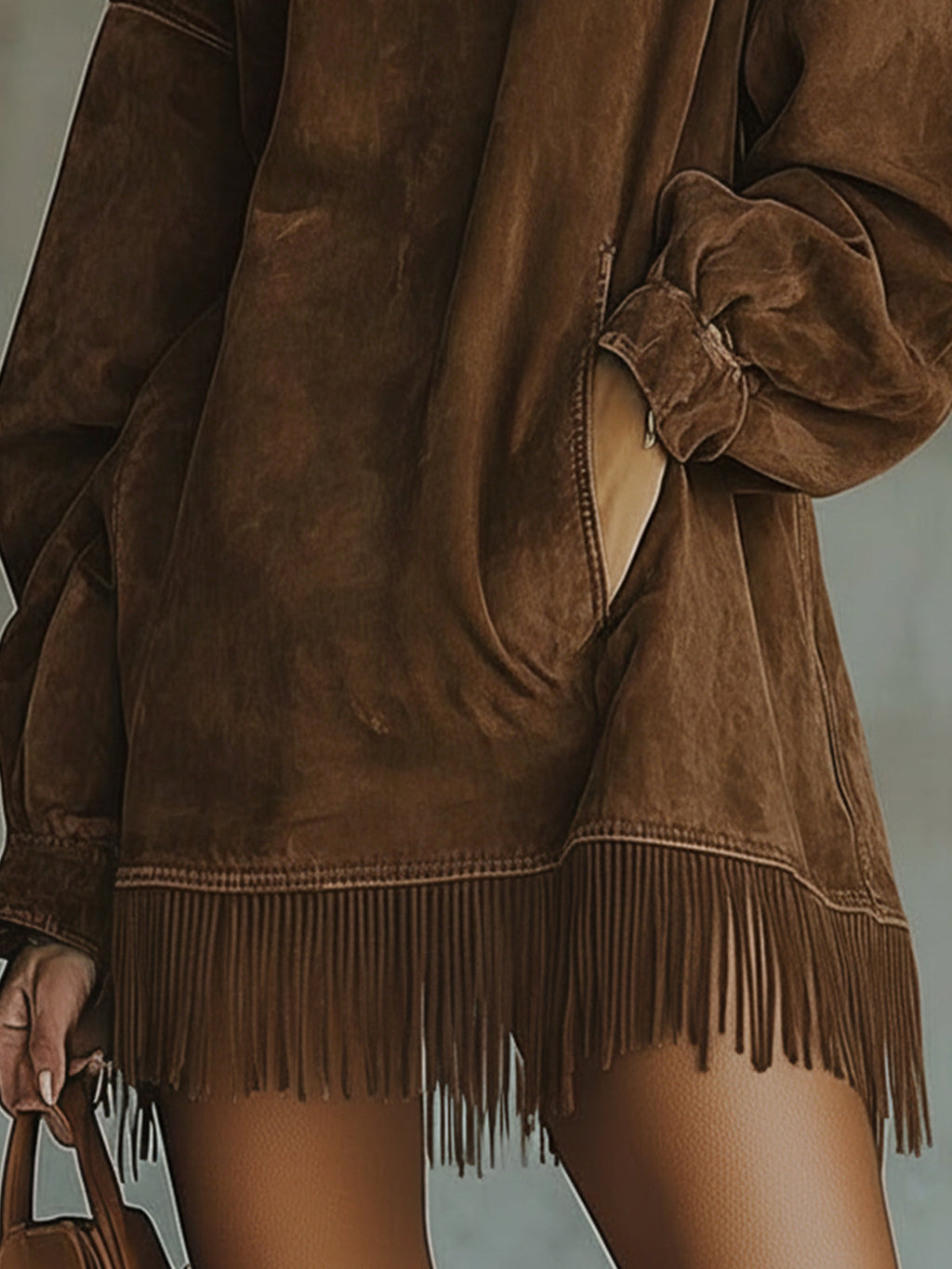Brown Faux Suede Roll Neck Oversized Dress with Fringe Detail