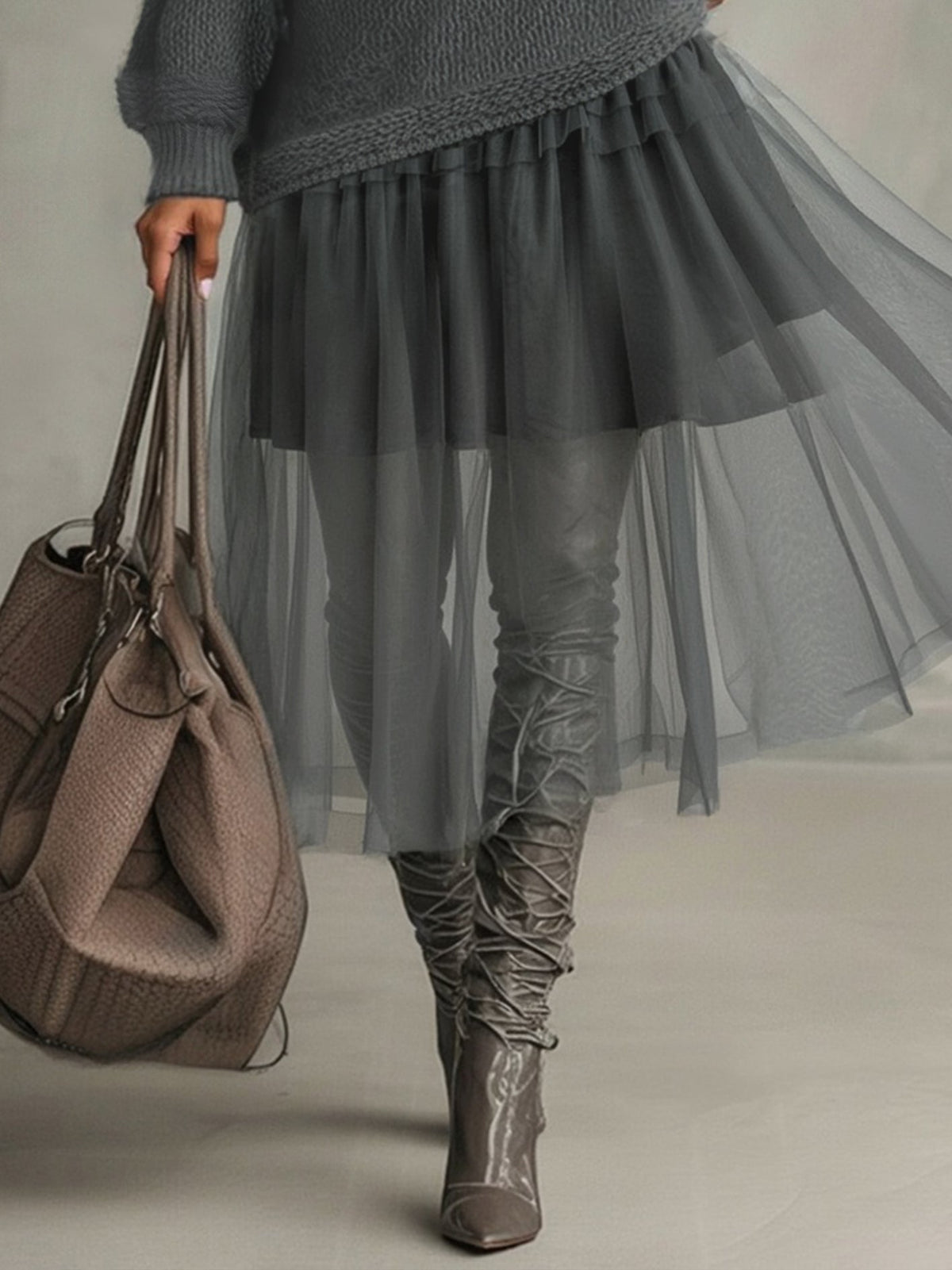 Grey Mohair and Tulle Panel Maxi Dress