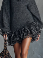 Grey Knit Mini Dress with Ruffled V-Neckline and Chiffon Hem