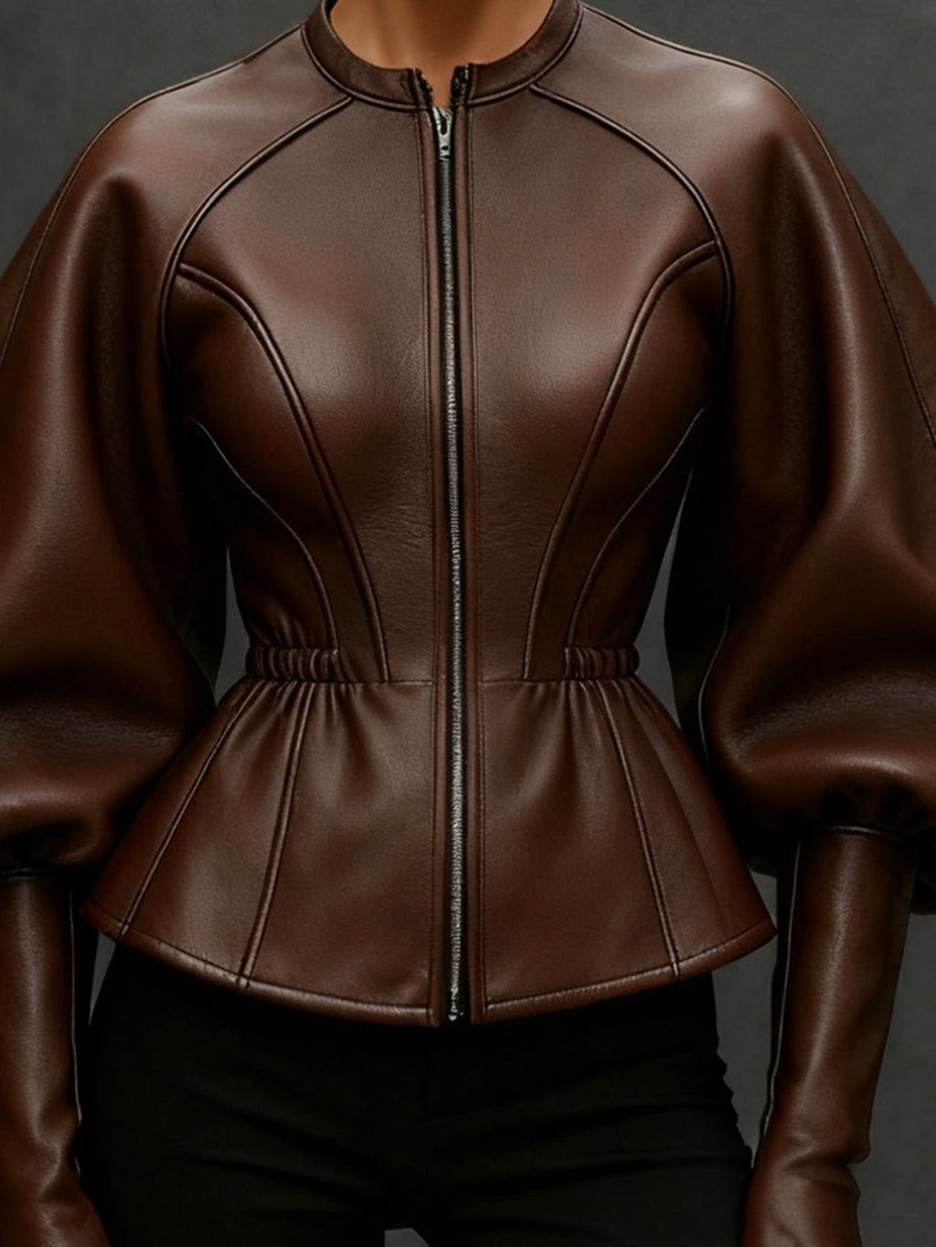 Brown Faux Leather Jacket with Balloon Sleeves