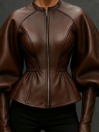 Brown Faux Leather Jacket with Balloon Sleeves