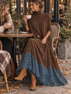 Vintage Brown Suede Feel Long Sleeve Lace Hem Maxi Dress