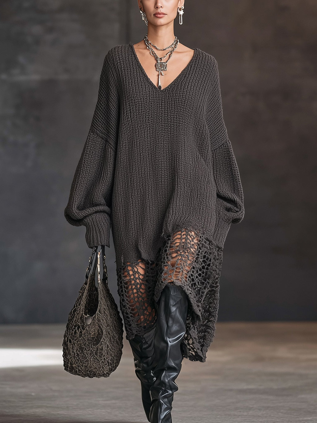 Charcoal Grey V-Neck Knit Mesh Long Sleeve Midi Dress
