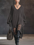 Charcoal Grey V-Neck Knit Mesh Long Sleeve Midi Dress