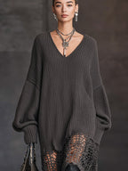 Charcoal Grey V-Neck Knit Mesh Long Sleeve Midi Dress