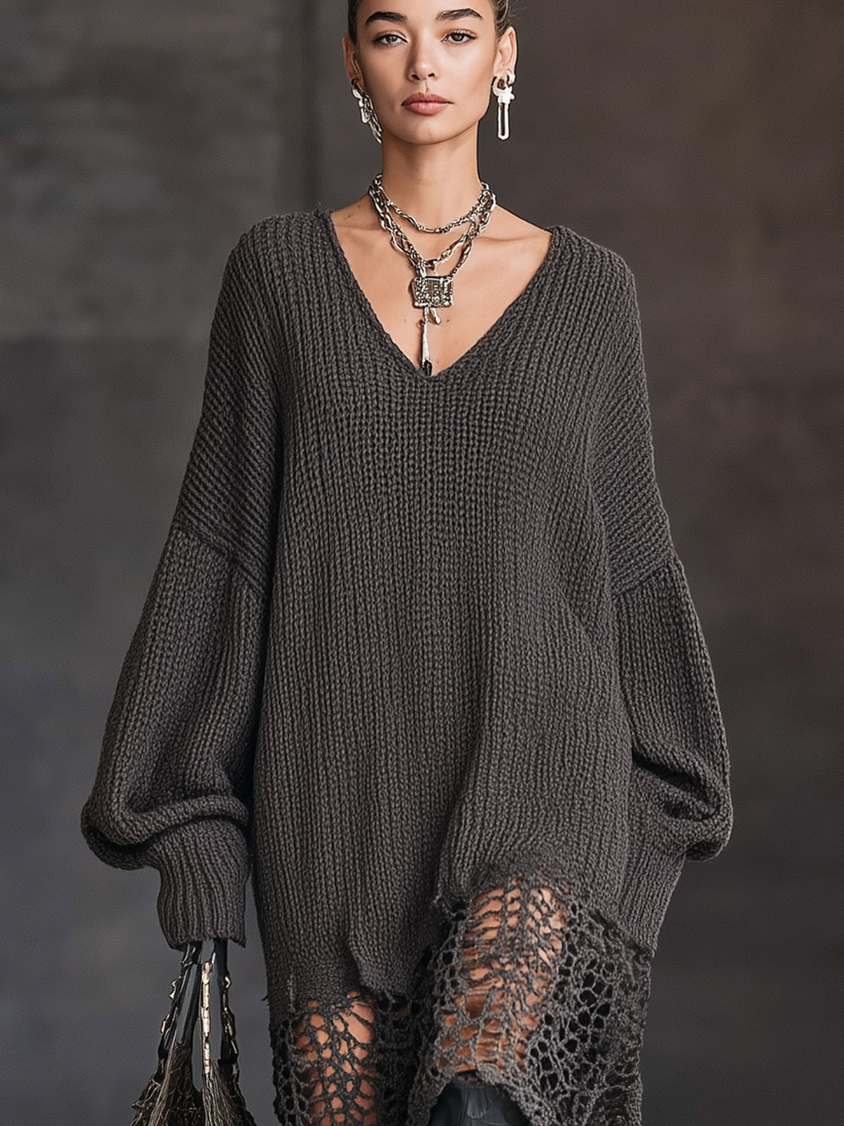 Charcoal Grey V-Neck Knit Mesh Long Sleeve Midi Dress