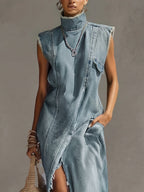 Blue Washed Denim Sleeveless High Neck Frayed Dress