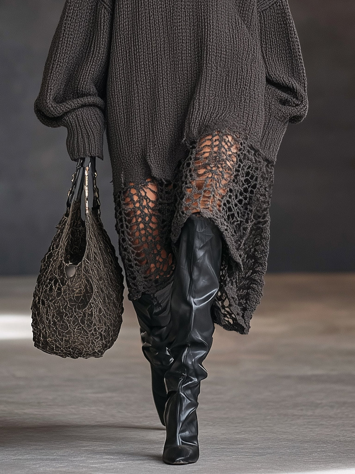 Charcoal Grey V-Neck Knit Mesh Long Sleeve Midi Dress