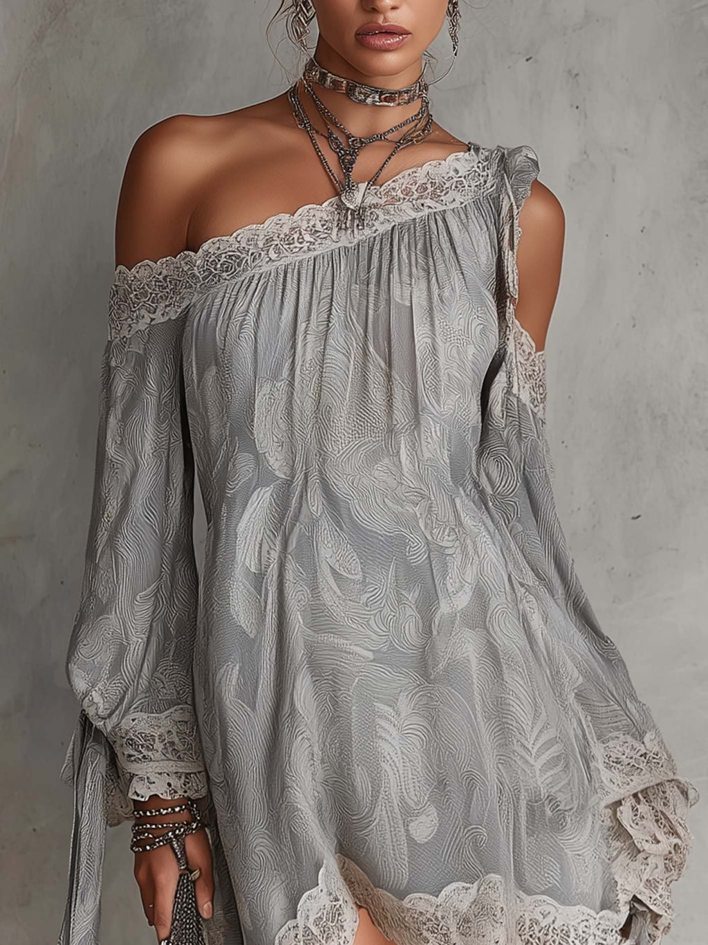 Light Grey Paisley Print Chiffon One Shoulder Lace Trim Mini Dress