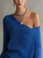 Blue Off‑Shoulder Mohair Jumper Dress with Lace Hem