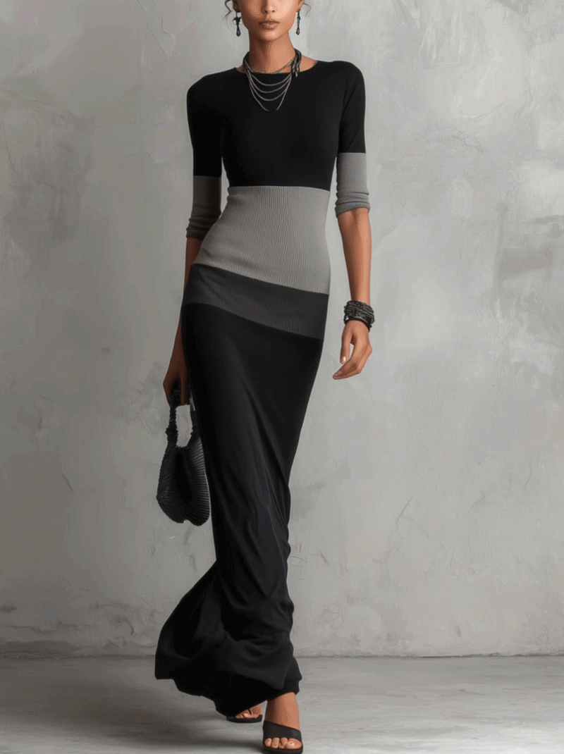 Black and Grey Colour-block Bodycon Maxi Dress
