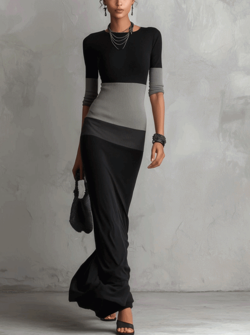 Black and Grey Colour-block Bodycon Maxi Dress