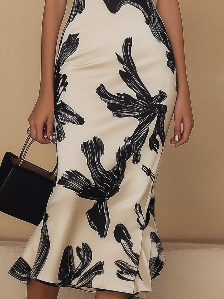 Off Shoulder Biege Midi Bodycon Dress with Black Elegant Print