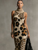 Brown Irregular Leopard Print Knitted Tassel Sleeveless Maxi Dress